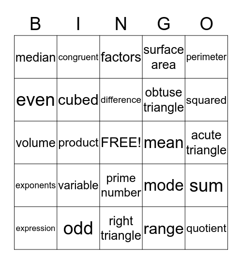 Math Terms Bingo Card
