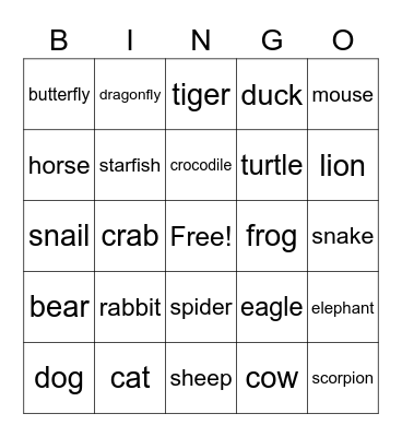 animals Bingo Card