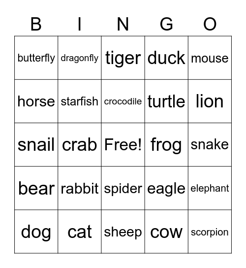 animals Bingo Card