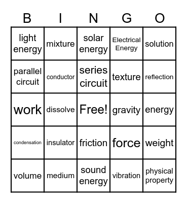 Matter Forces Energy Bingo Card