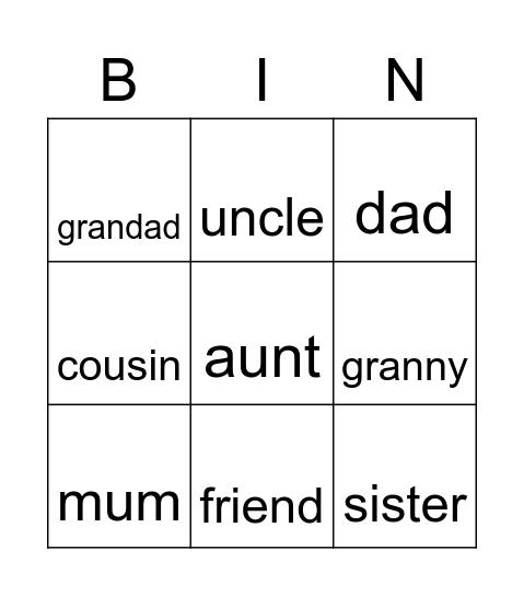 Family Member Bingo Card