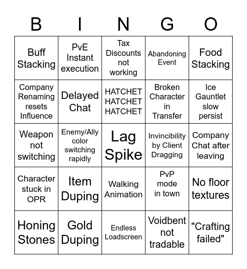New World Bug Bingo Card