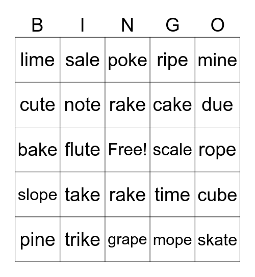 Silent E Bingo Card
