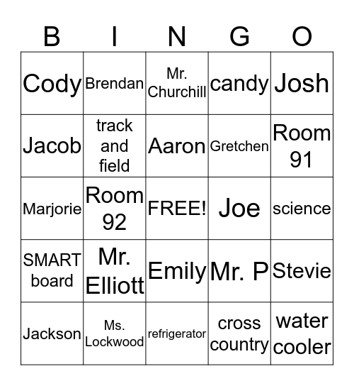 Transition Room Bingo Card