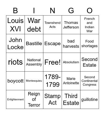 French and American Revolutions Bingo Card