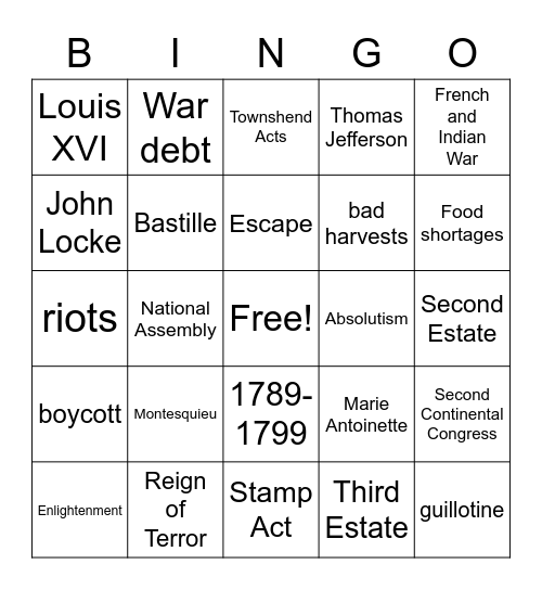 French and American Revolutions Bingo Card