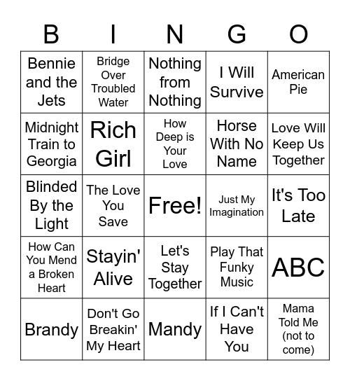 70s Bingo Card