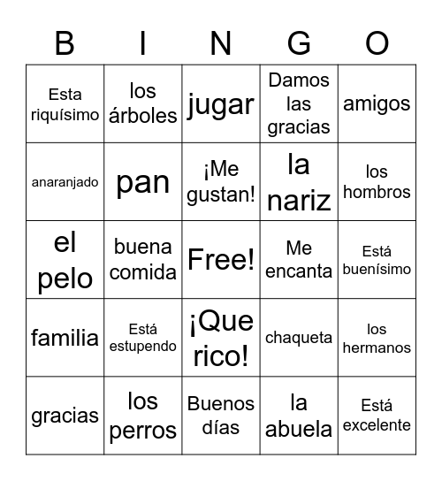 Spanish I Repaso El día de acción de gracias Bingo Card