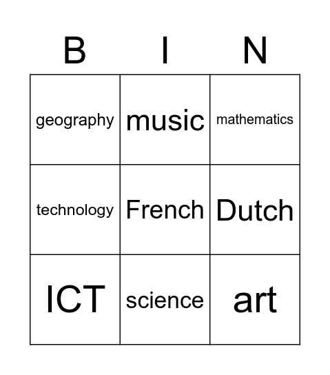 School subjects Bingo Card