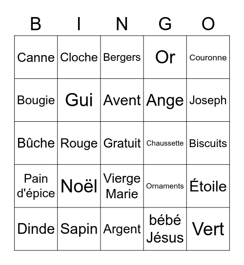 Vocabulaire de Noël Bingo Card