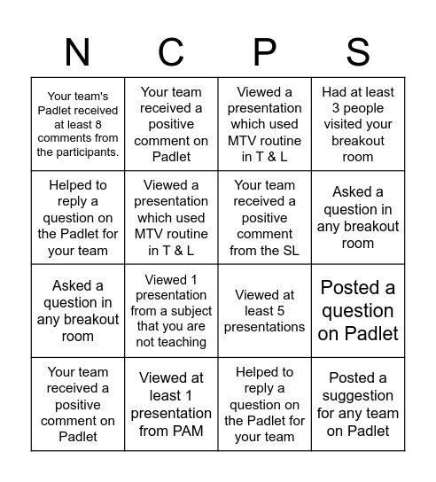 NCPS PLC Learning Day BINGO Card Bingo Card