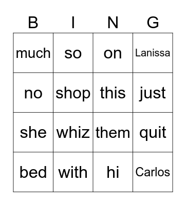 Open / Closed Syllable Bingo Card