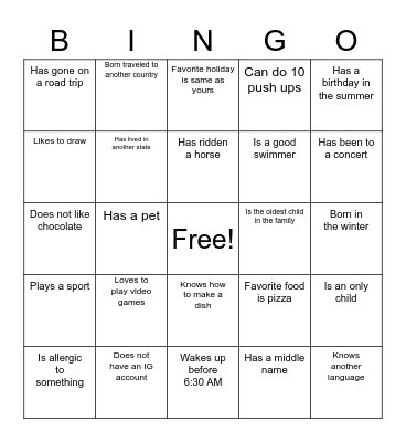 Classmate BINGO Card