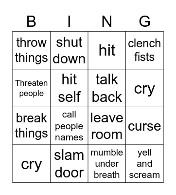 Anger Bingo Card