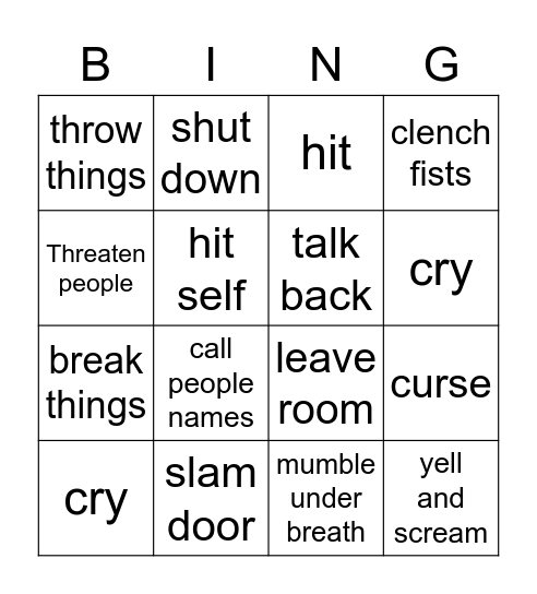 Anger Bingo Card