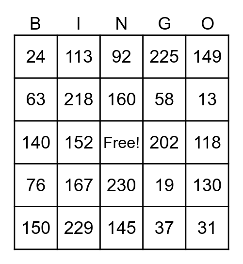 Place Value Bingo Card