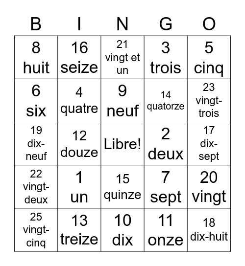 1-20 en français Bingo Card