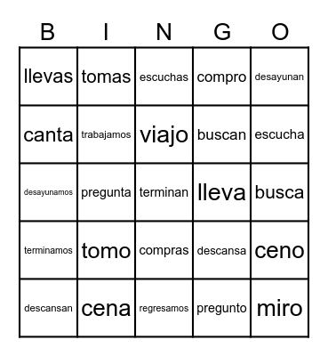 CH 2 ~ Ar Verbs Bingo Card