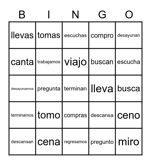 CH 2 ~ Ar Verbs Bingo Card