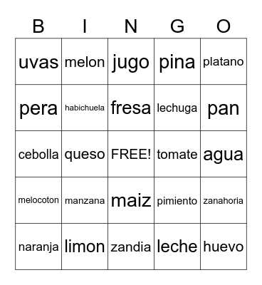 Spanish Food Bingo Card