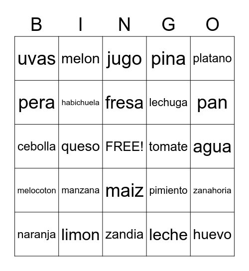 Spanish Food Bingo Card