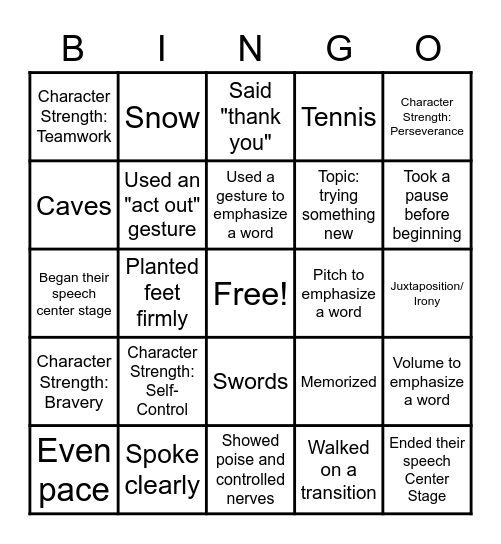 Speech Bingo Card