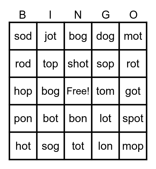 Short O Bingo Card