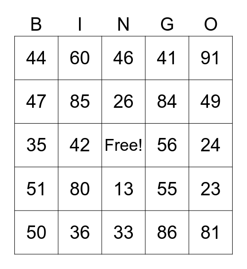 Place Value Bingo Card