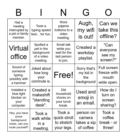 Work From Home Bingo Card