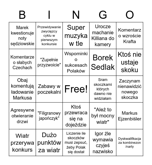 Ski Jumping Bingo Card