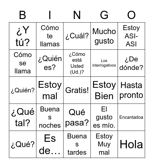 Quarter 2 Spanish bingo Card