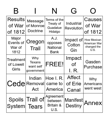 Westward Expansion Bingo Card