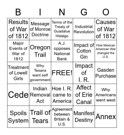 Westward Expansion Bingo Card