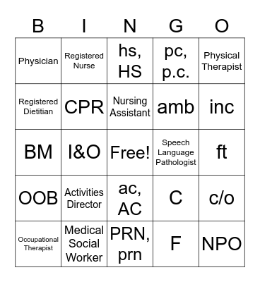 Patient Care Fundamentals Bingo Card
