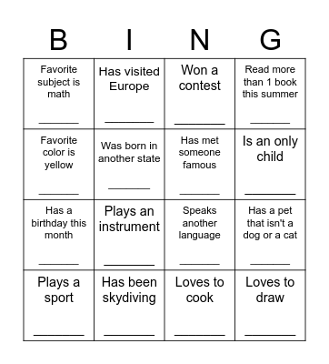 Human Scavenger Hunt Bingo Card
