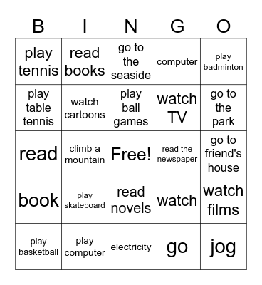 Free Time Activities Bingo Card
