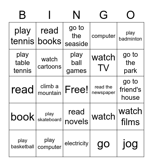 Free Time Activities Bingo Card