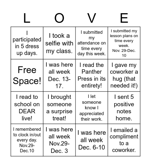 Fletcher Winter Staff Bingo Card