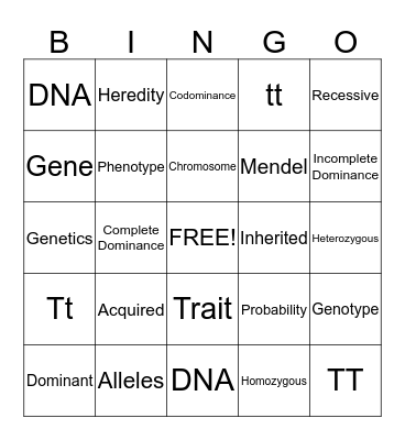 Genetics Vocabulary Bingo Card