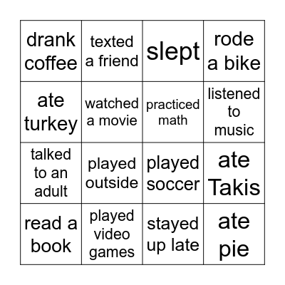Thanksgiving Break Bingo Card