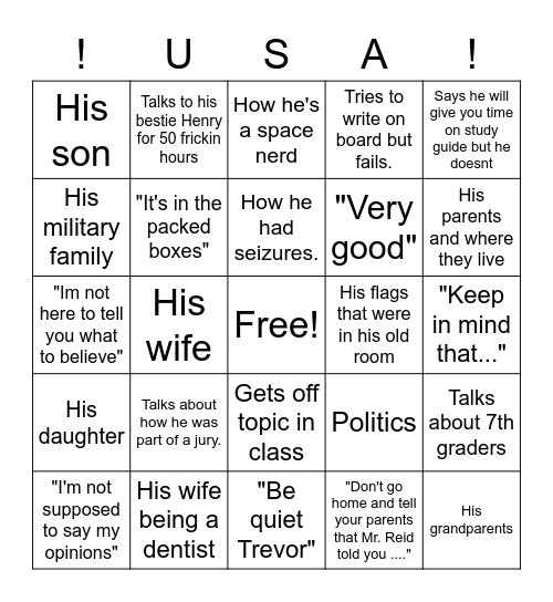 Mr. Reid Bingo Card