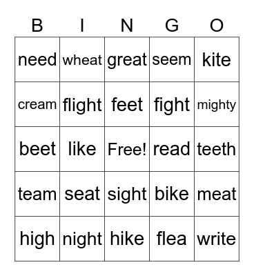 Long e and long i Bingo Card