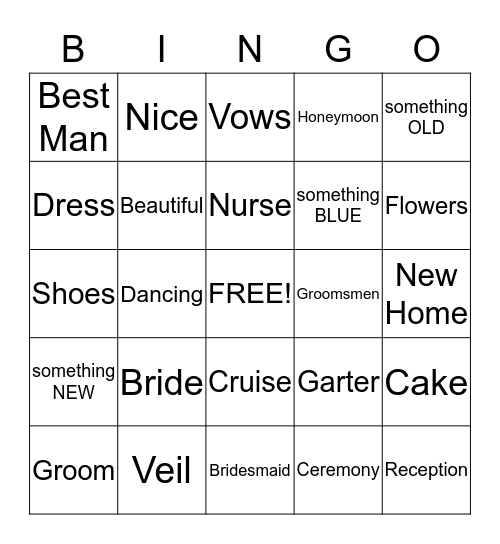 Erin's Bridal Shower Bingo Card