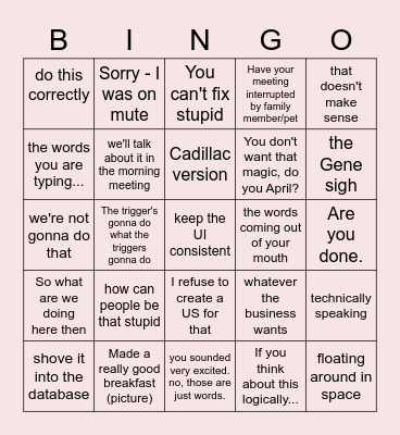 Remote Work Bingo Card