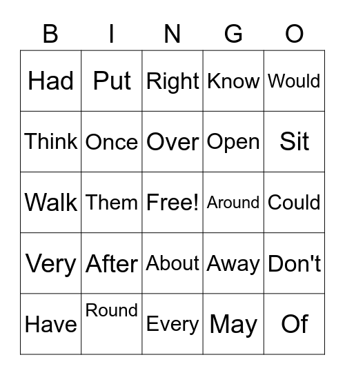 Sight Word BINGO Card