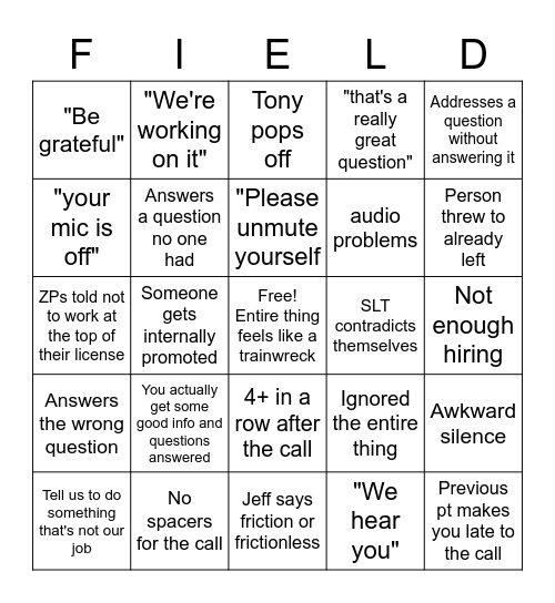 Field team call Bingo Card