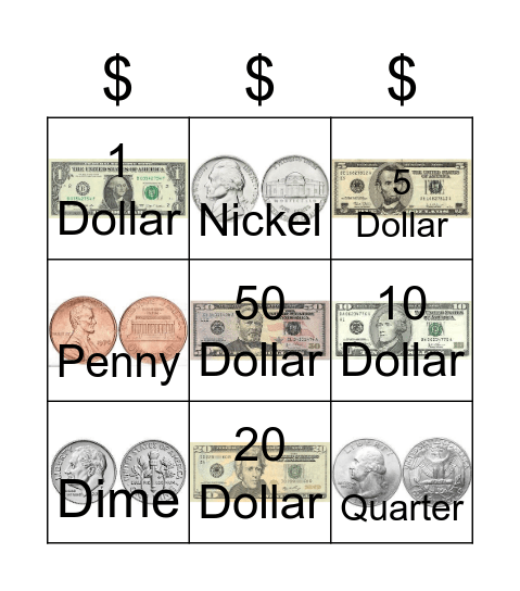 Money Identification Bingo Card