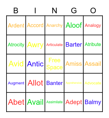 Vocab Words Bingo Card