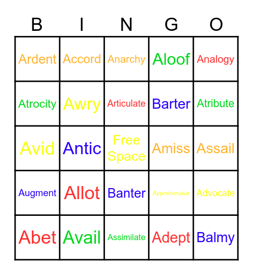 Vocab Words Bingo Card