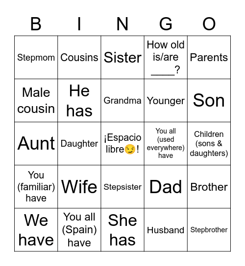 La familia y tener Bingo Card